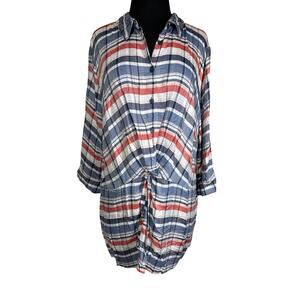 Catherines Plaid 1/2 Sleeve Twist Front Tunic Blouse Top Patriotic Red Blue 2X